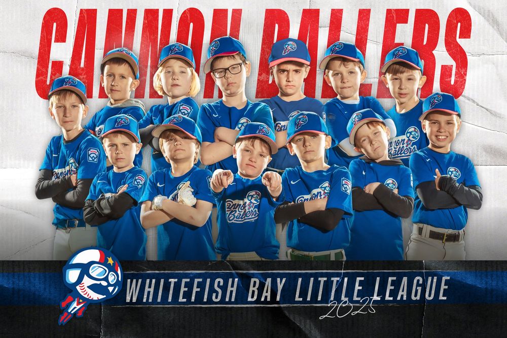 Youth baseball team members in blue uniforms pose together for a group photo on the field.
