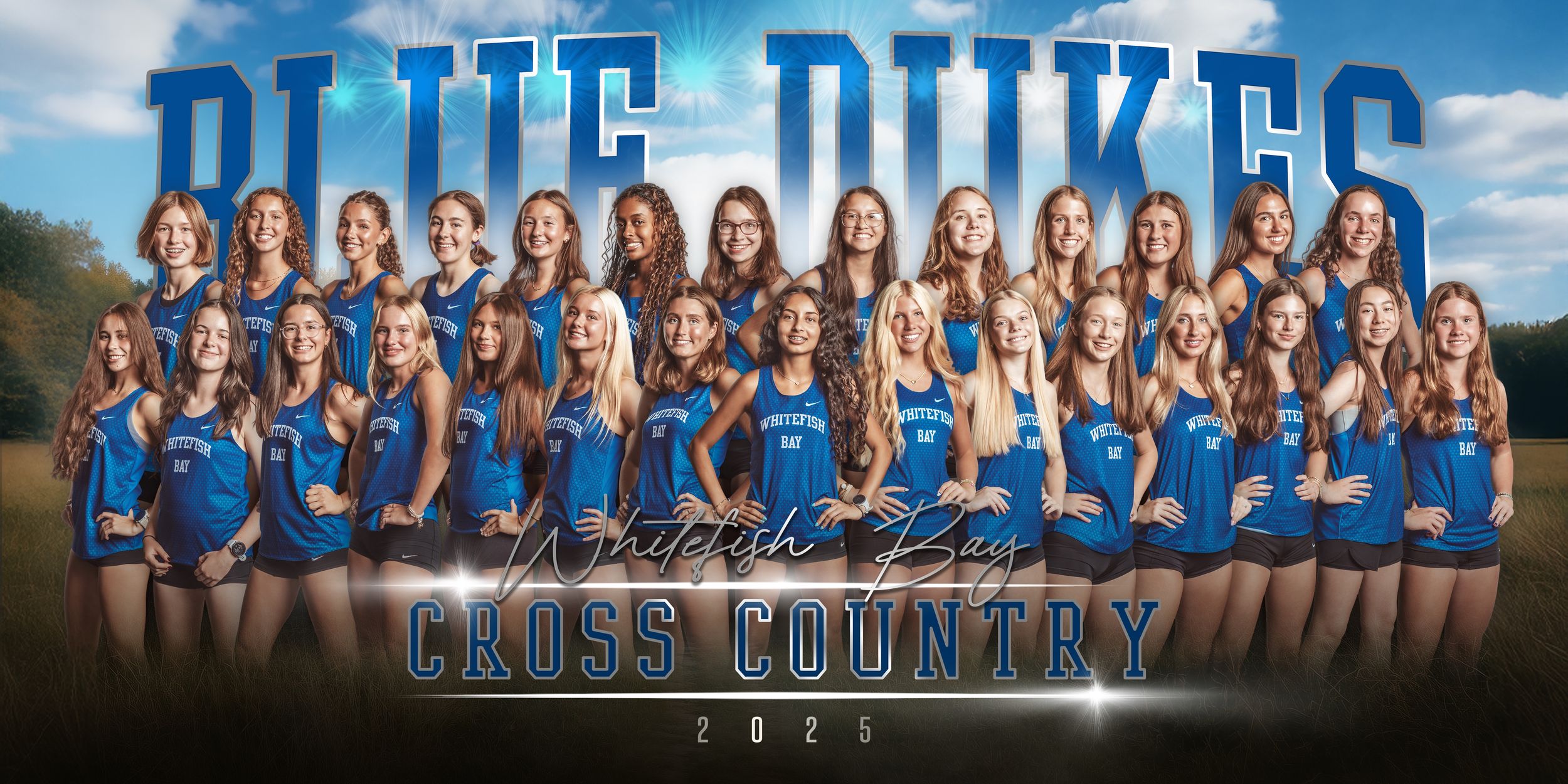 A college cross country team poses in blue uniforms for official team photos in multiple group formations.