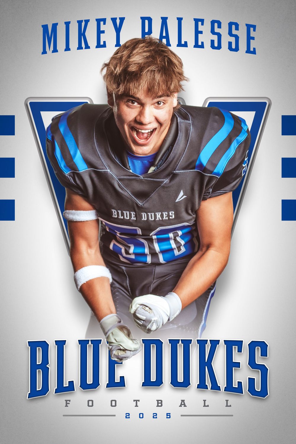 Football player in Blue Dukes uniform shown in multiple poses against gray and white background with team branding.