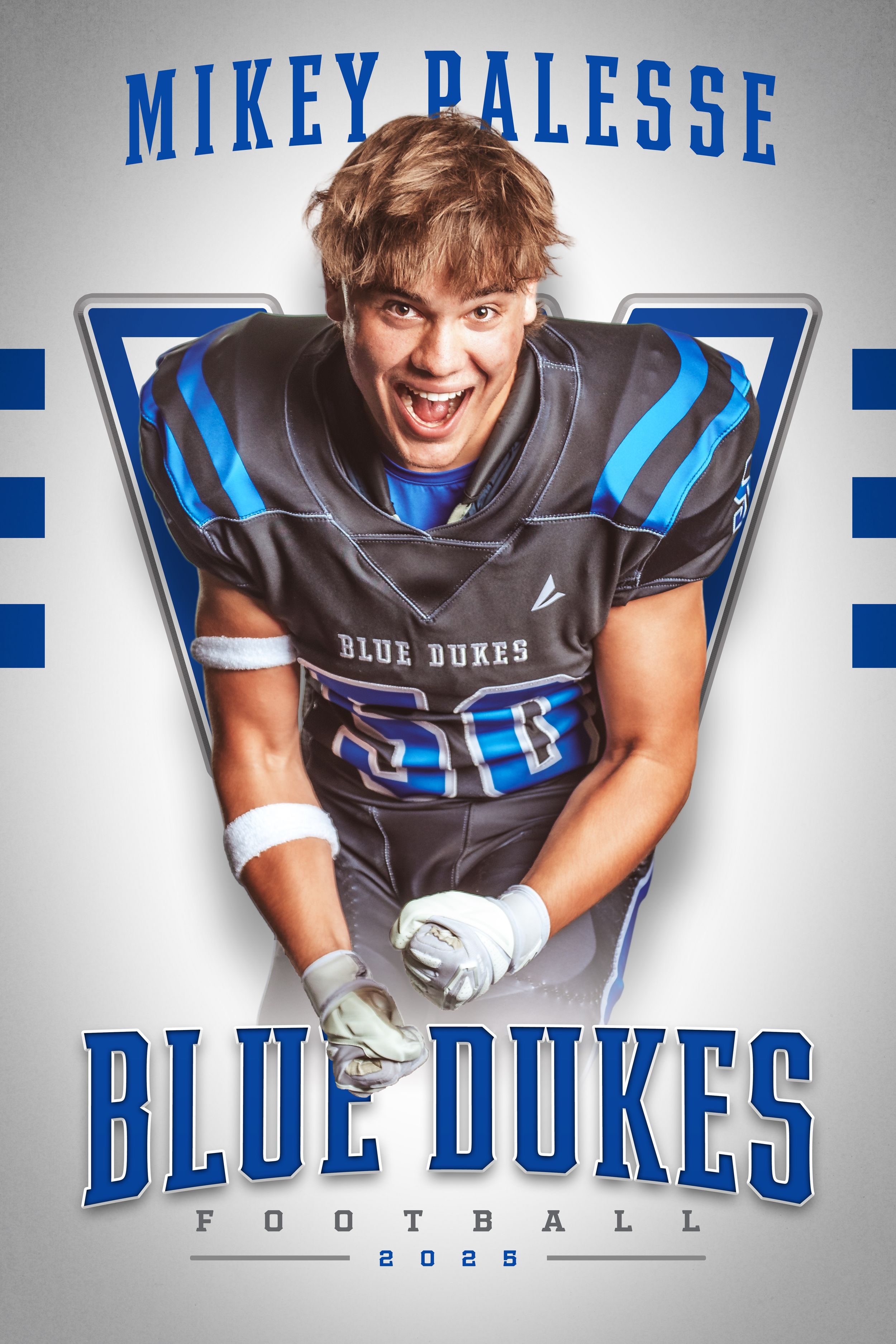 Football player in Blue Dukes uniform shown in multiple poses against gray and white background with team branding.
