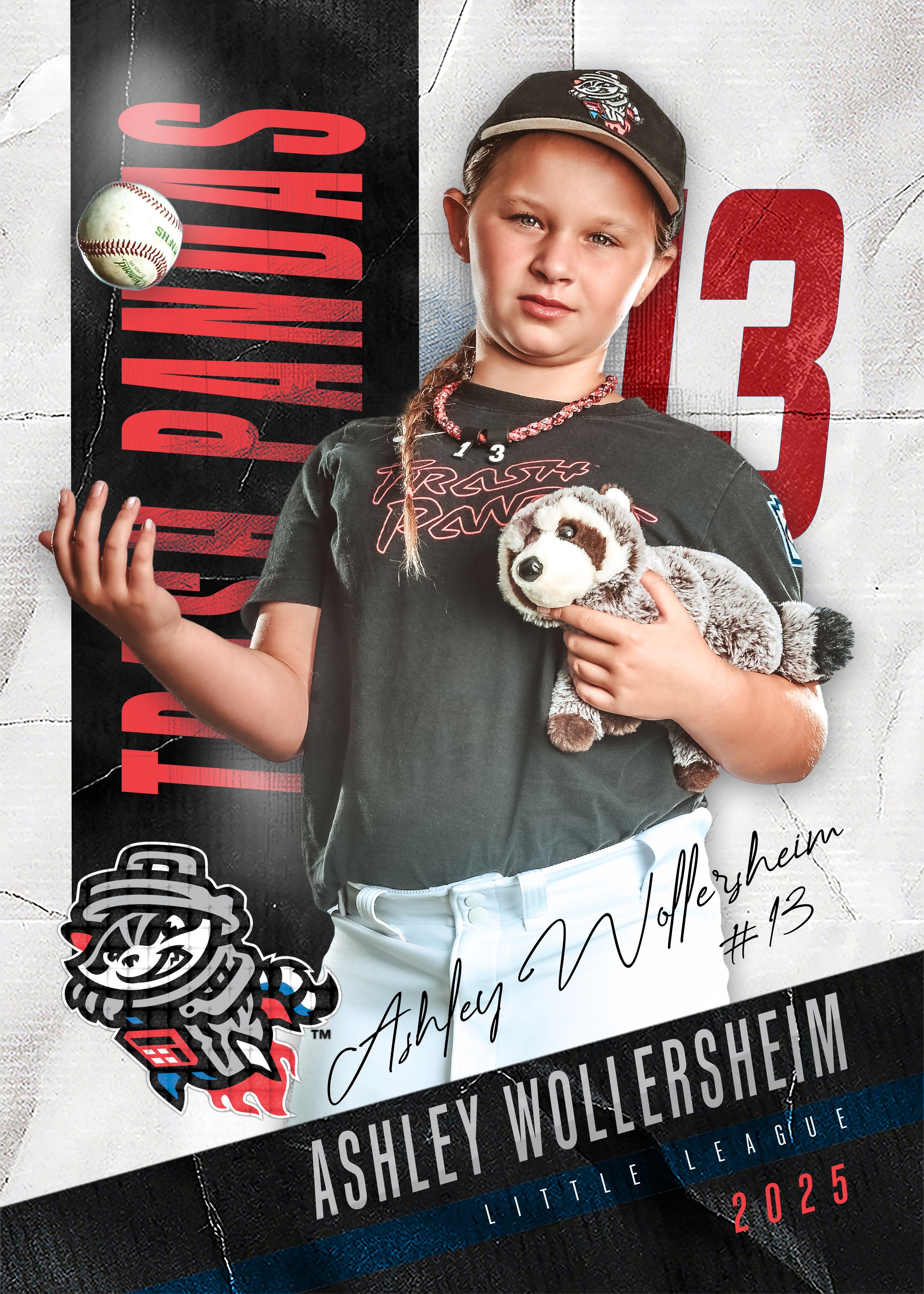 A baseball card collage shows a player in a dark uniform holding a baseball and small stuffed animal.