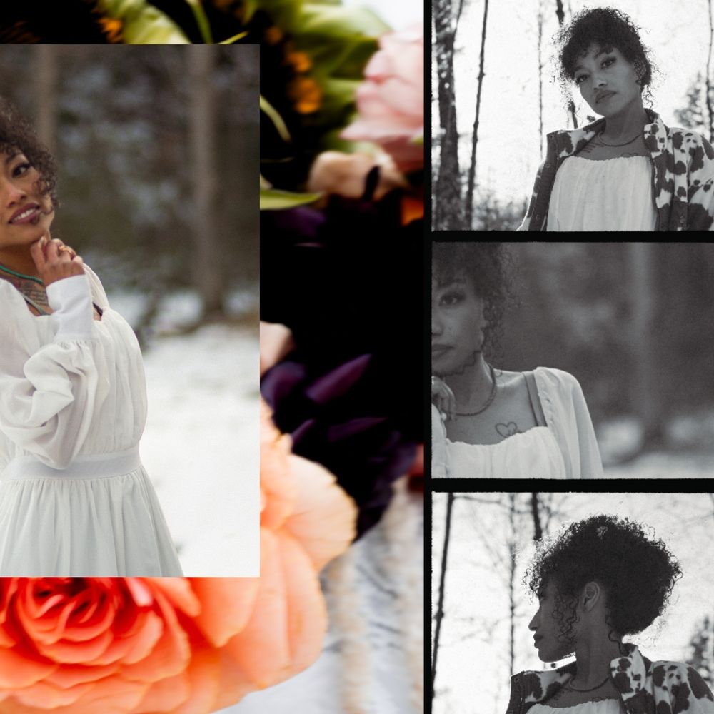 Artistic wedding photo collage with black and white portraits and soft peach floral accents.