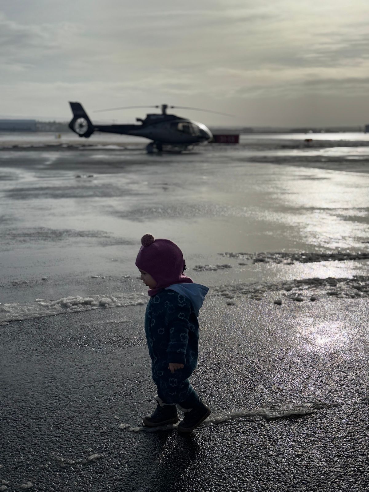 Toddler walking in front of a helicopter at Reykjavík Domestic Airport