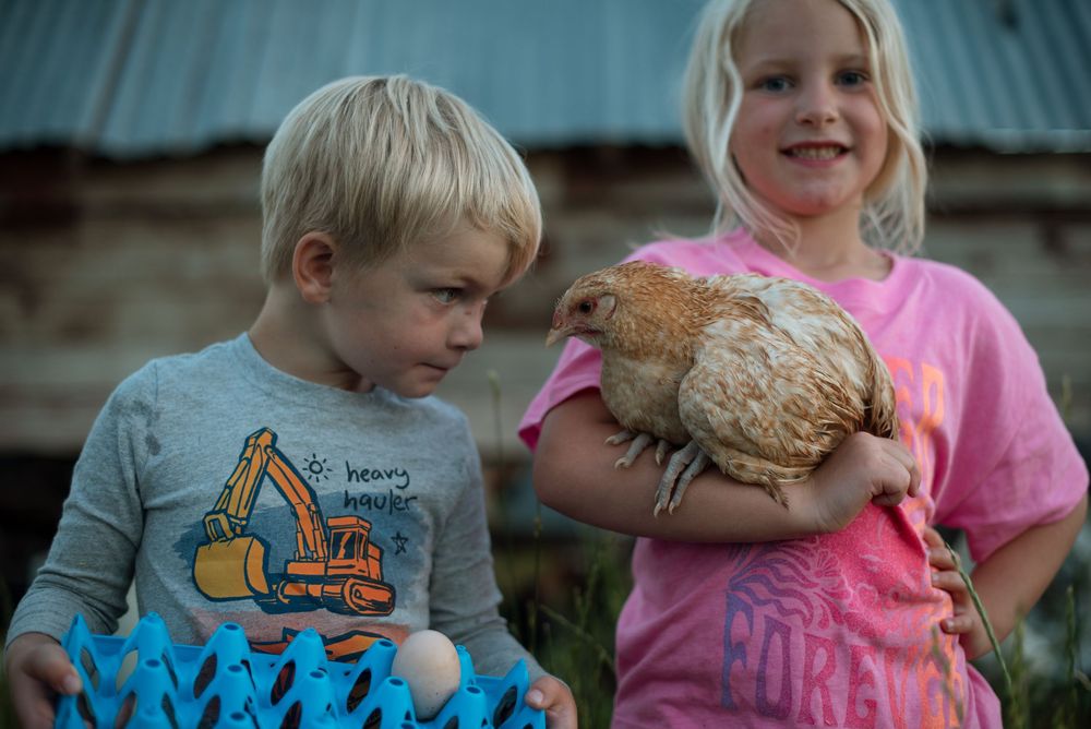 two children holding a chicken and some eggs