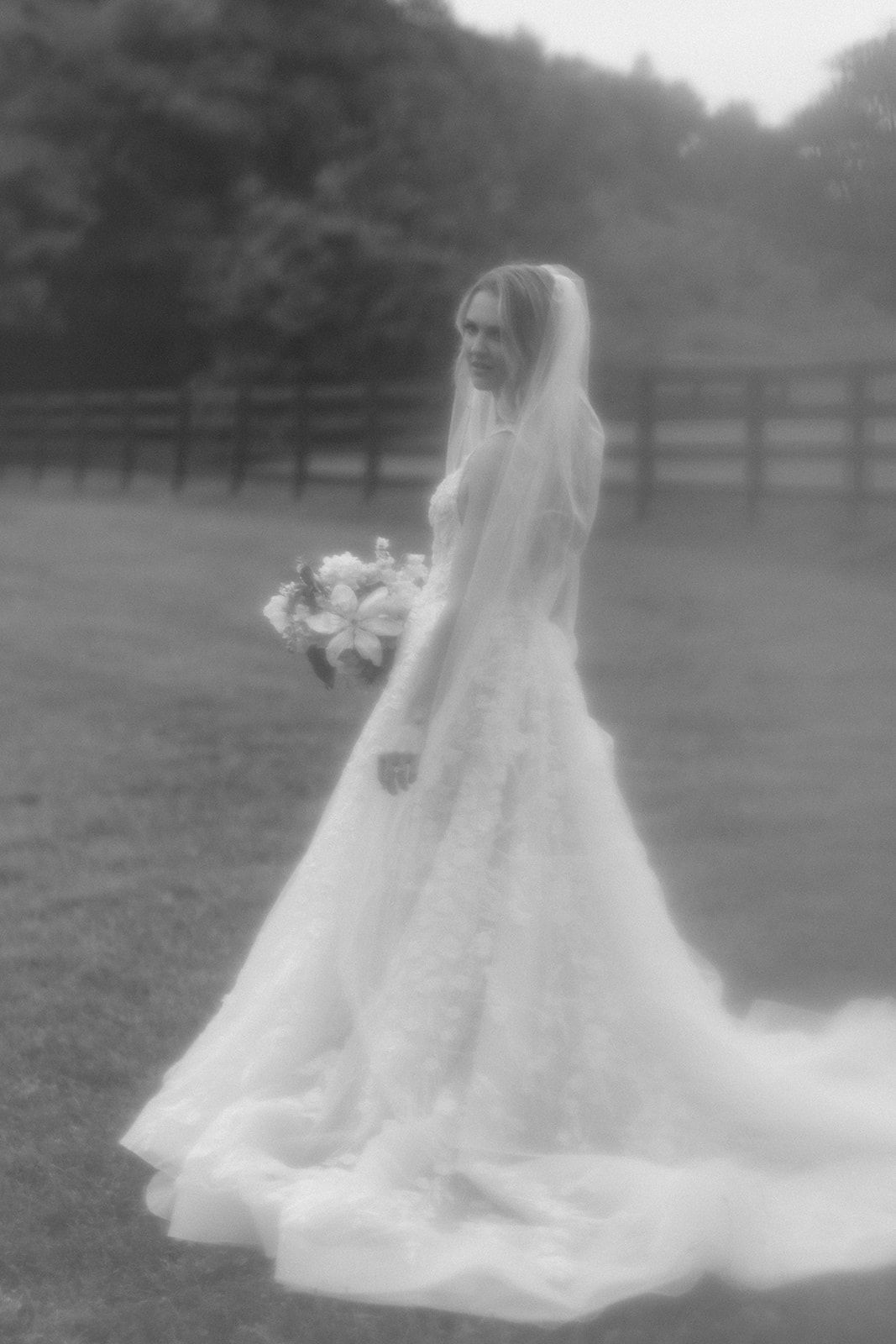 A wedding couple stands on a hillside overlooking water, with the bride's veil flowing in the wind.