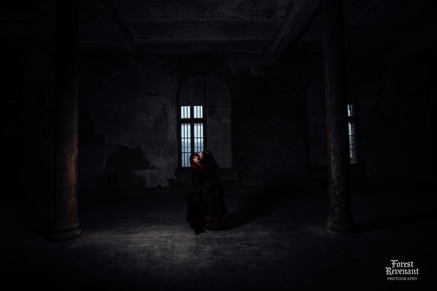 Dark and moody interior shots of an abandoned building with dramatic window lighting.