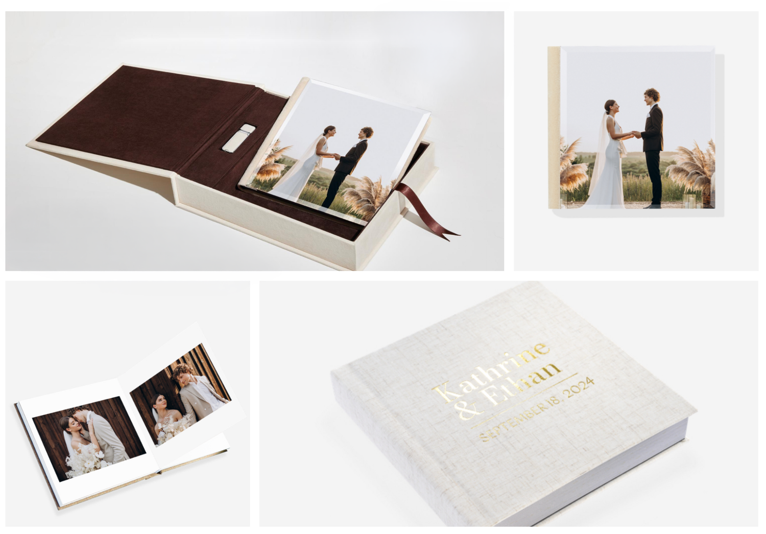 a collection of wedding album samples complete with a usb box