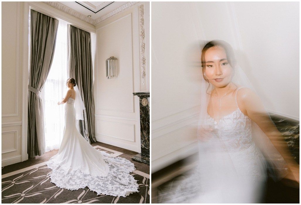 A series of ethereal wedding photos showing a flowing white veil and dress in various soft-focus compositions.
