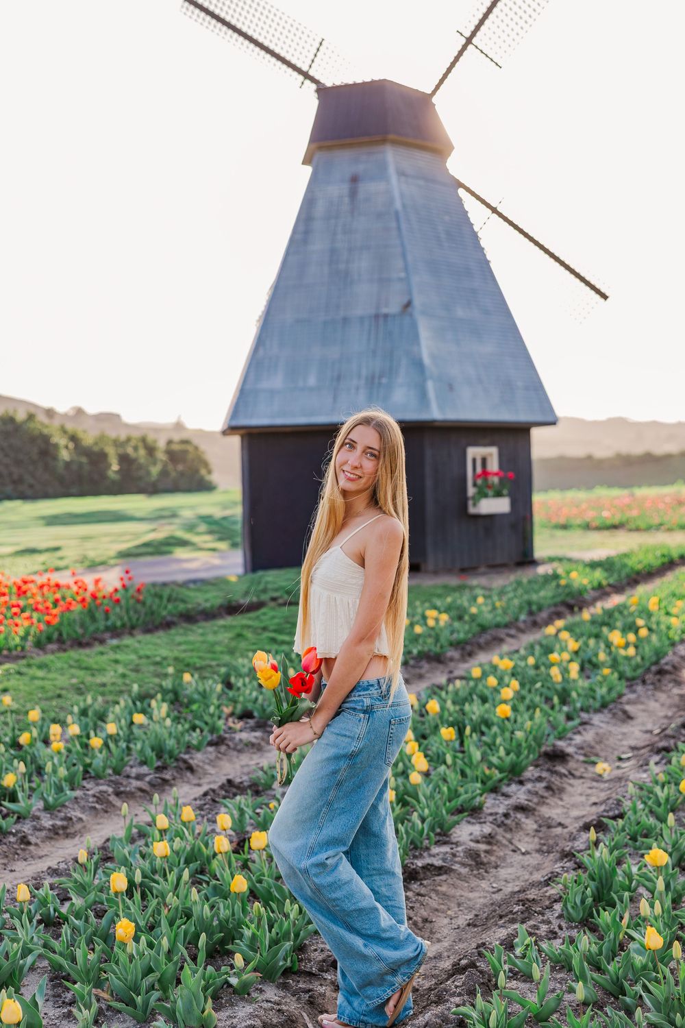 Young woman in denim overalls explores vibrant tulip field with rustic windmills in background during golden hour.
