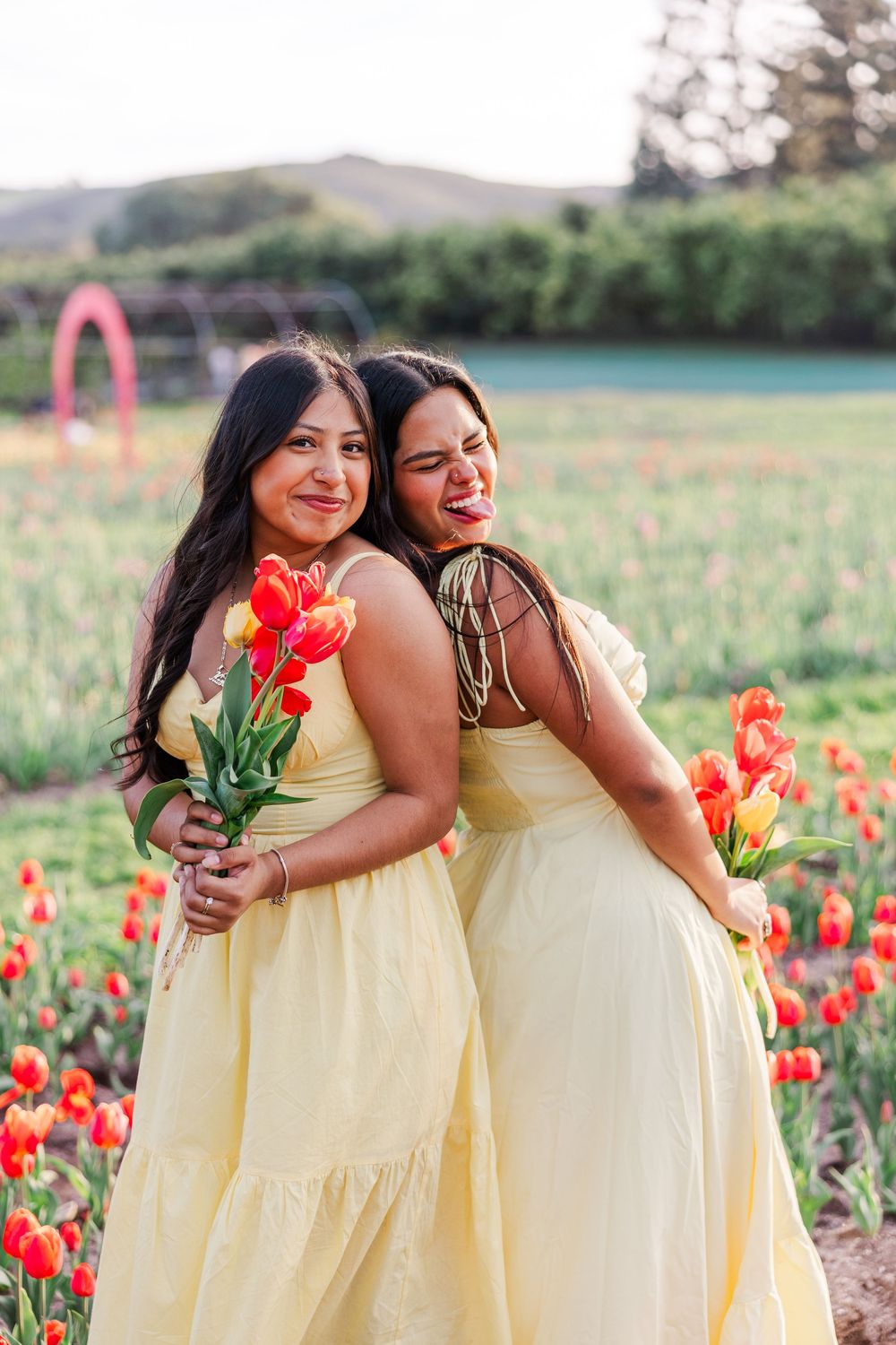 Two women in yellow dresses embrace and laugh together in a field of bright red tulips on a sunny day.