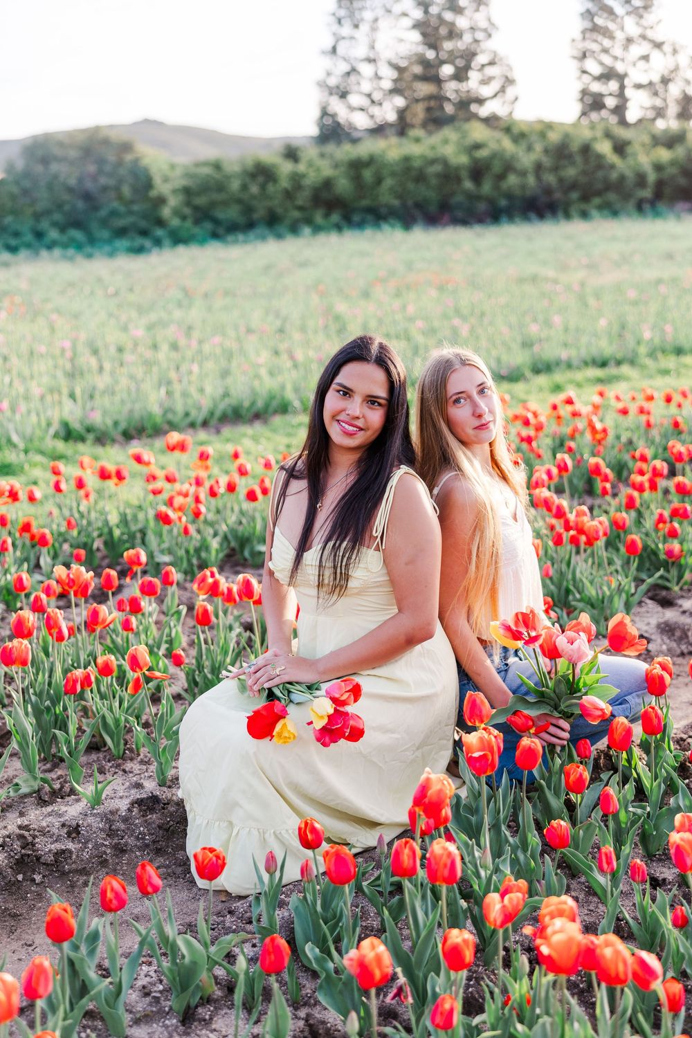 Two women sitting in a vibrant field of red tulips on a sunny spring day, surrounded by green hills and trees.