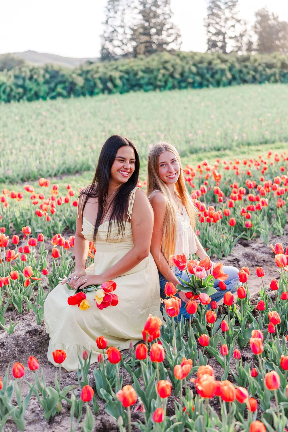 Two friends in light dresses sit among vibrant red tulips blooming in a spring garden field.