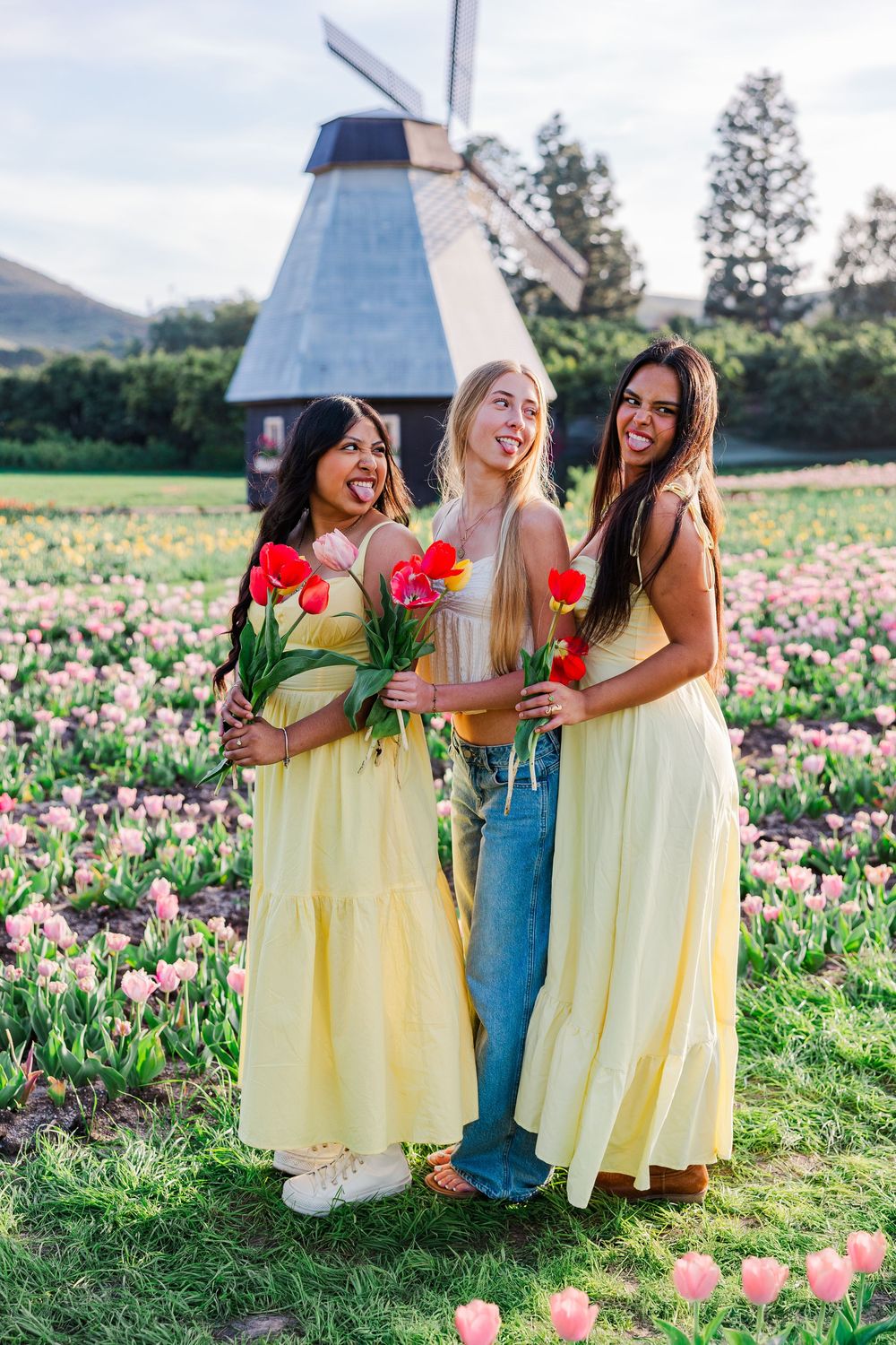 Three friends in yellow dresses share joyful moments while picking colorful tulips in a blooming flower field.