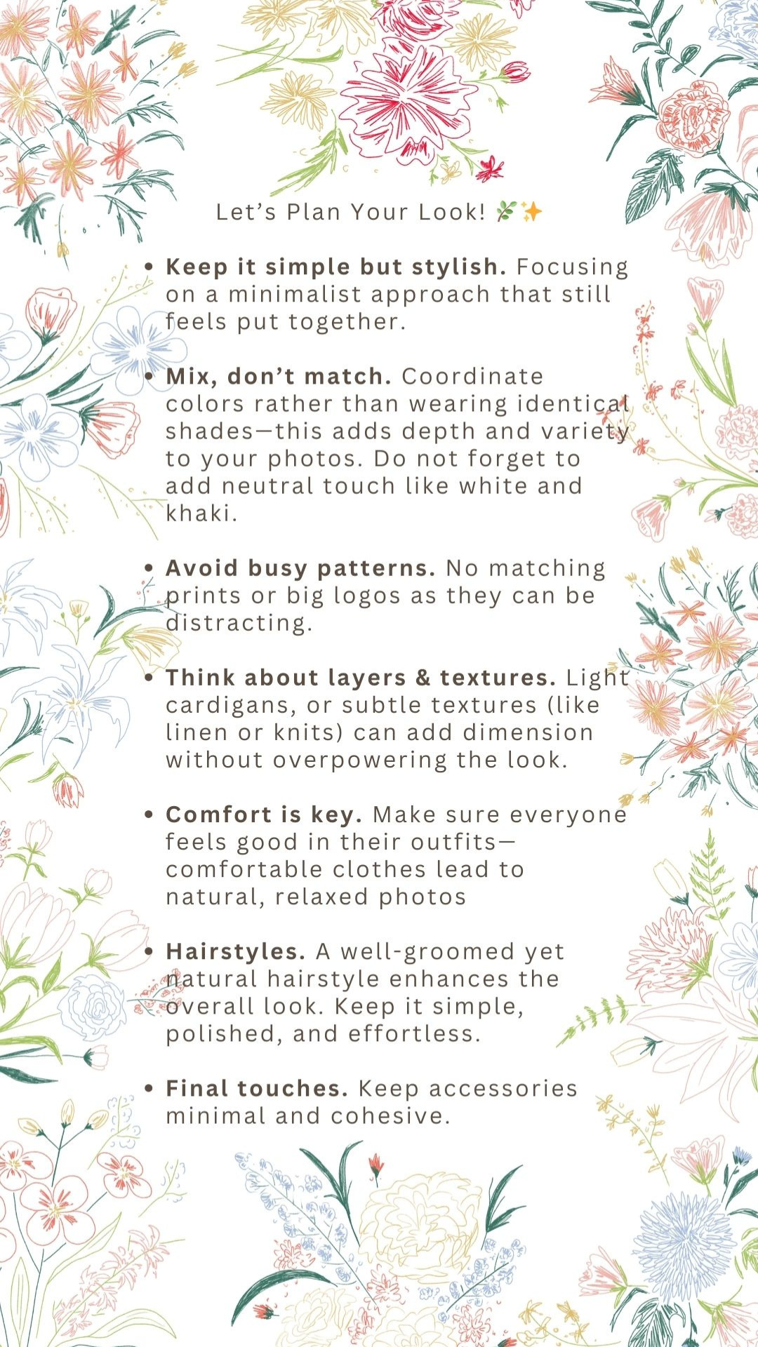 Delicate floral watercolor illustration with text tips about minimalist styling and fashion advice.