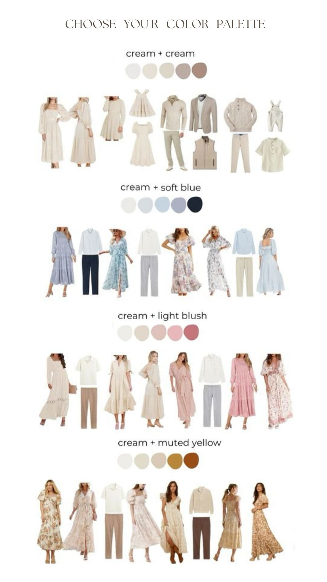 Fashion color palette guide showing coordinated outfit combinations in cream, soft blue, light blush and muted yellow tones.