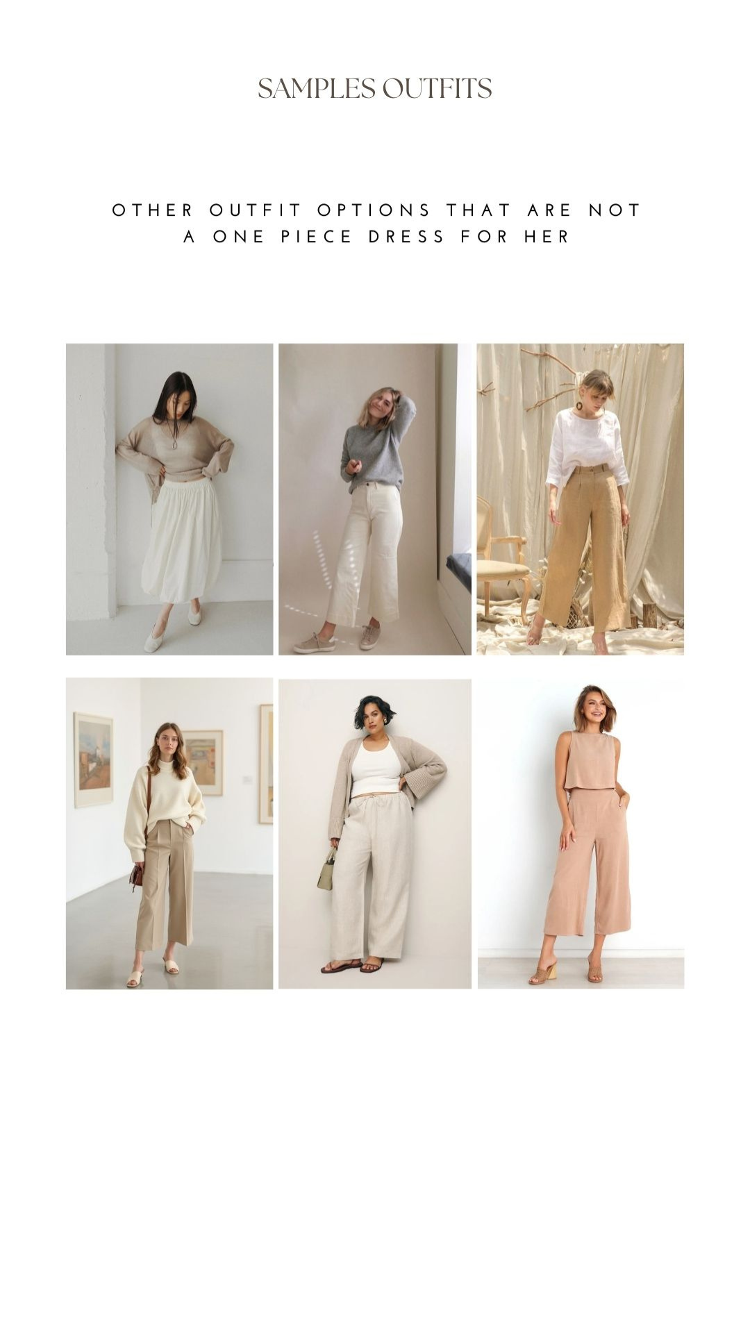 Collage of six minimalist fashion outfits featuring neutral tones, wide-leg pants, and casual elegant styling.