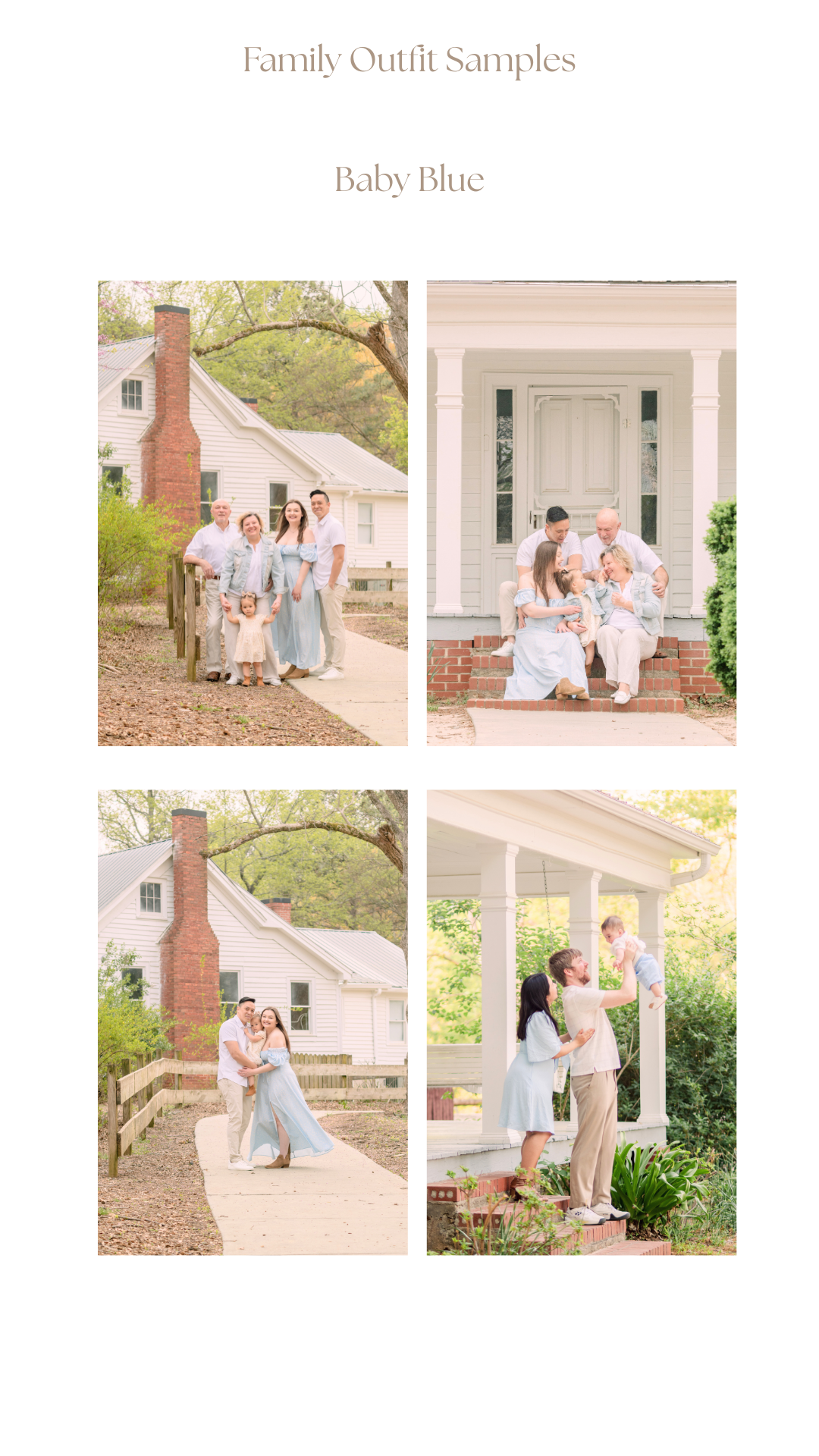 Family portrait session in soft blue and white outfits against white colonial house and garden backdrop.
