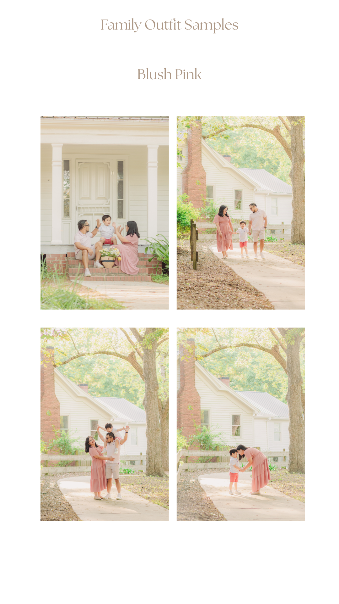 A collection of four soft blush pink family photos taken outdoors featuring coordinated outfits and natural lighting.