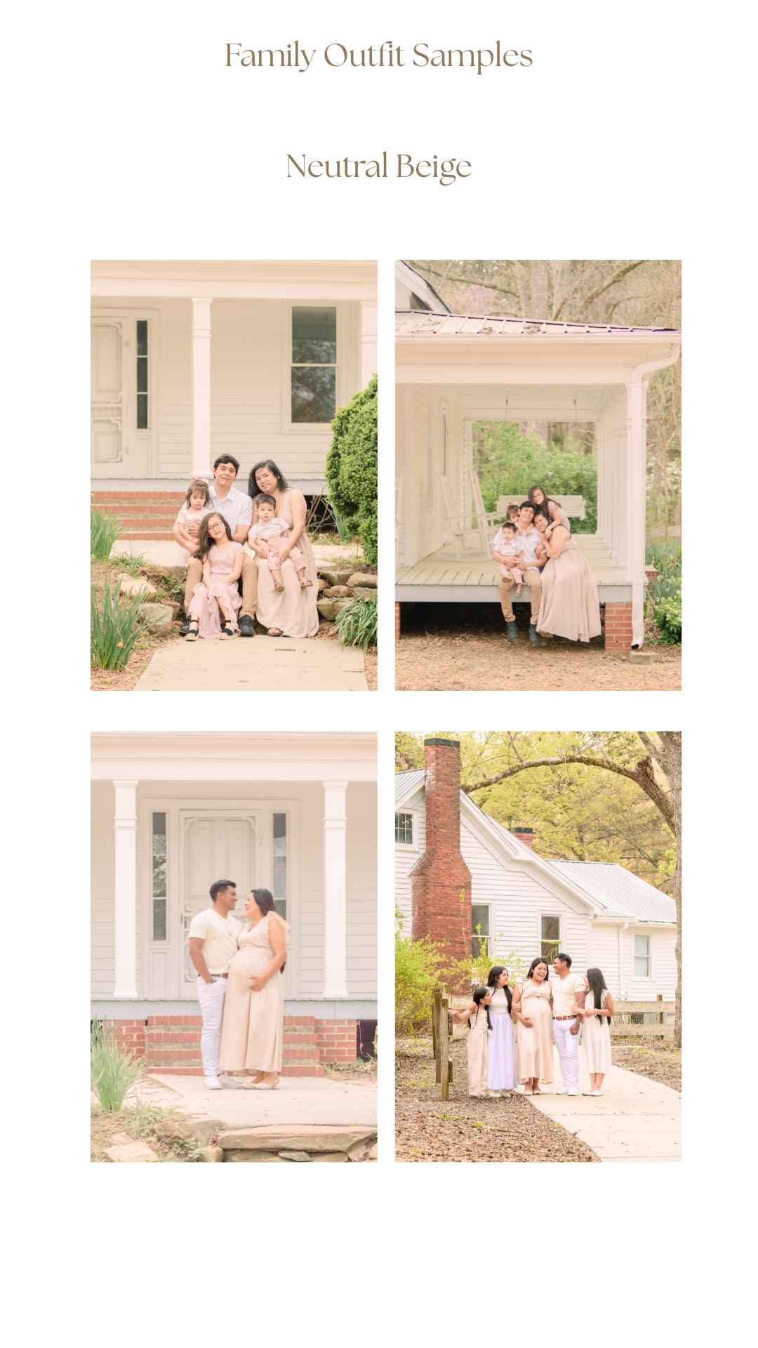 A collection of family portrait photographs in neutral beige tones taken outdoors against white architectural backgrounds.