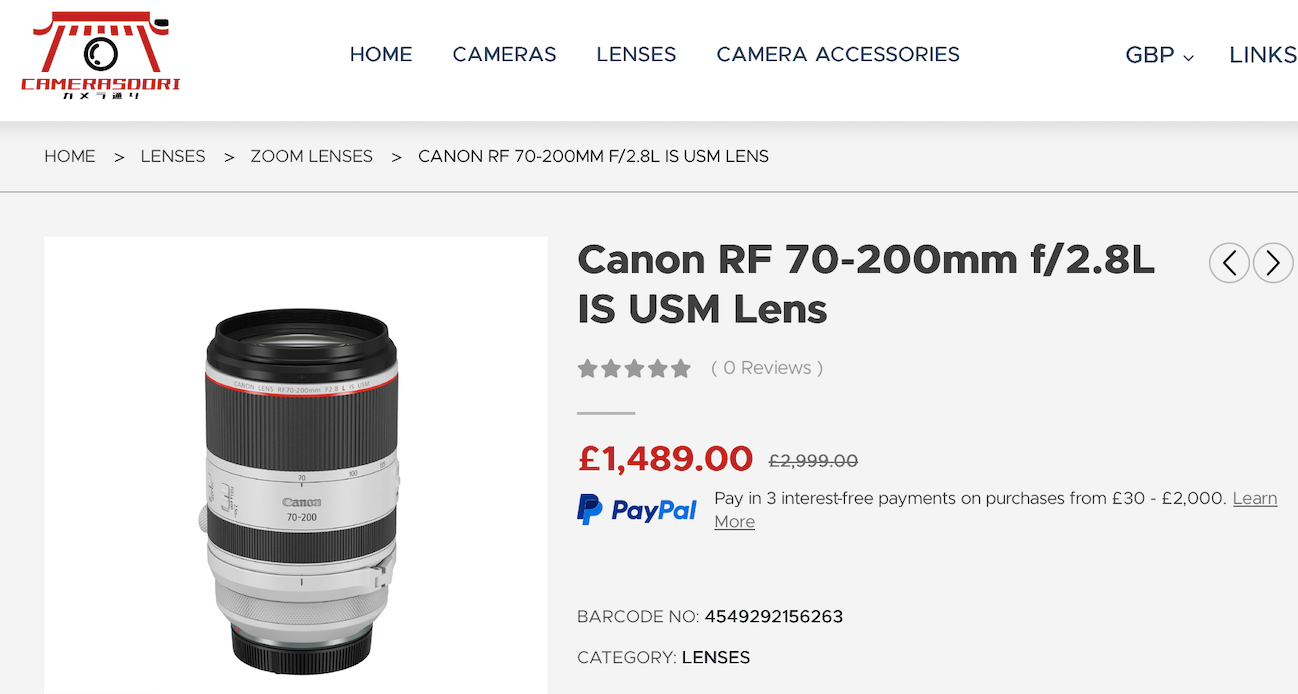 White Canon RF 70-200mm f/2.8L IS USM lens product listing shown on an e-commerce website with price details.