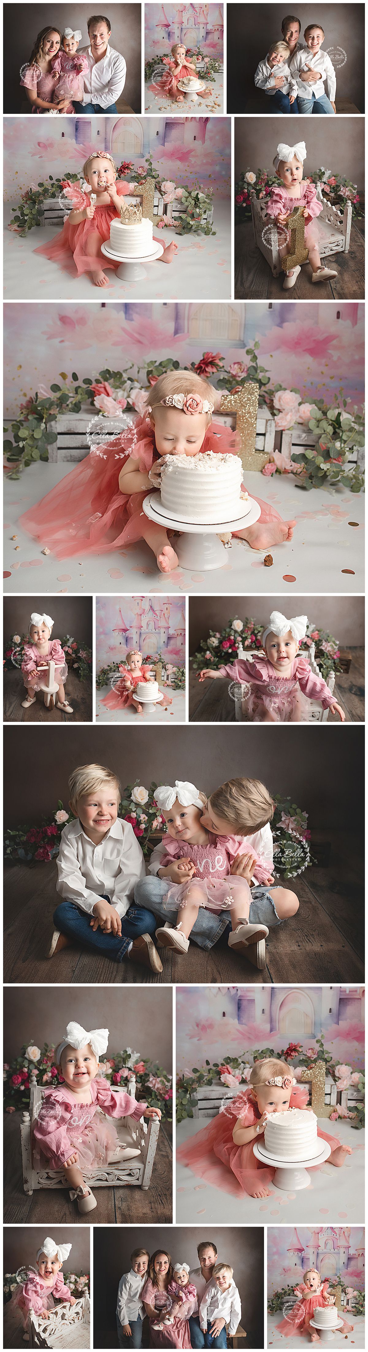 First birthday cake smash photo session featuring pink and white decor with floral arrangements and vintage furniture pieces.