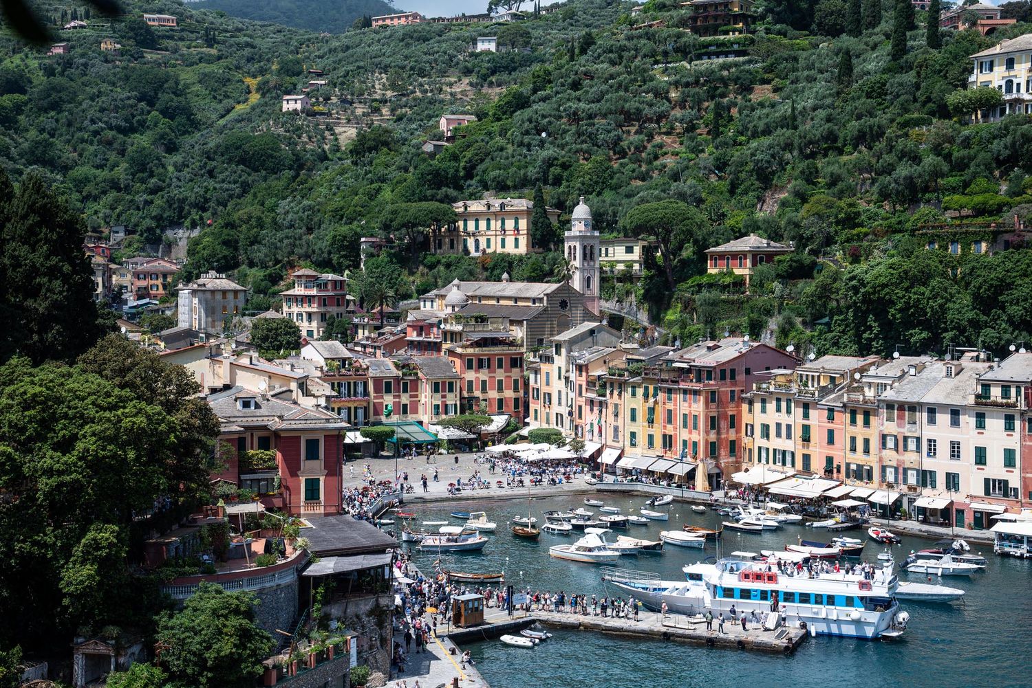 Scenic panoramic view of colorful buildings along the Italian Riviera coastline in Portofino with boats in the harbor.