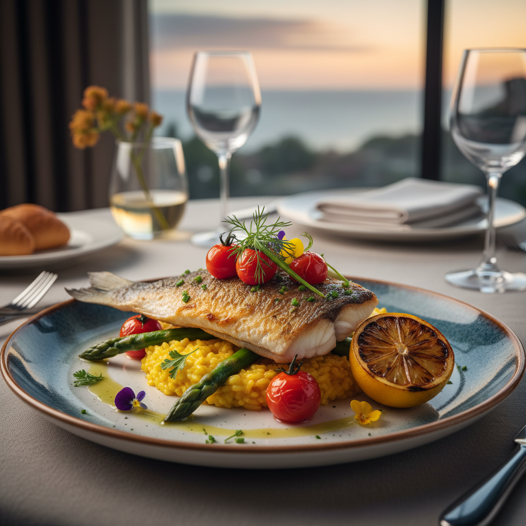 Elegant plated seafood dishes with garnishes and wine glasses arranged in fine dining presentation at sunset.