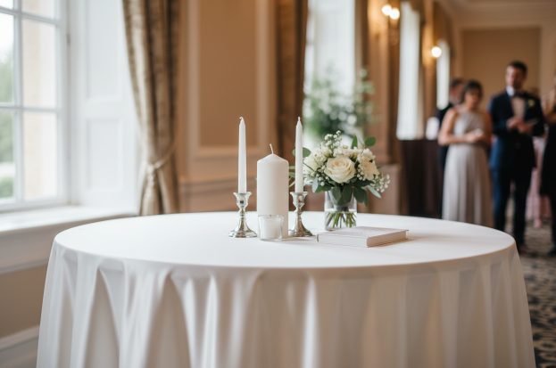 White candles and floral centerpiece on round table with white tablecloth at elegant wedding reception.