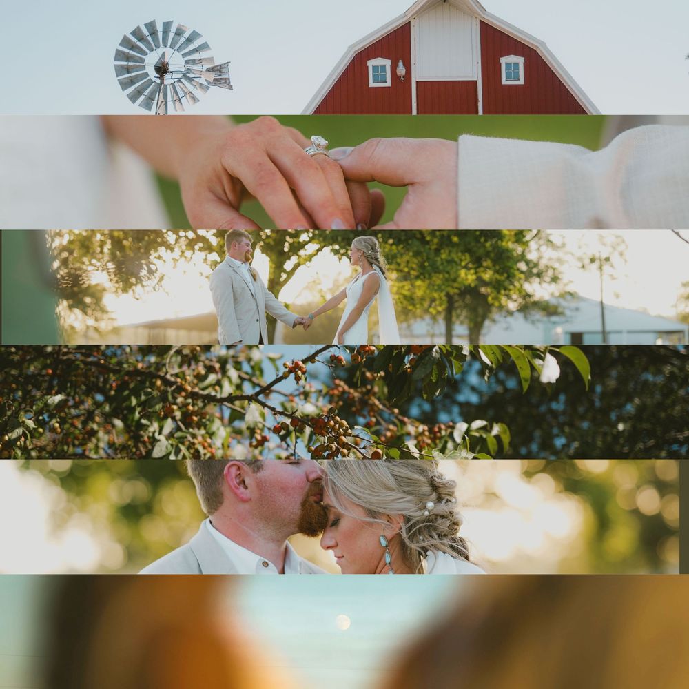 A rustic red barn with a windmill stands against a bright sky, while hands exchange rings in a romantic ceremony.