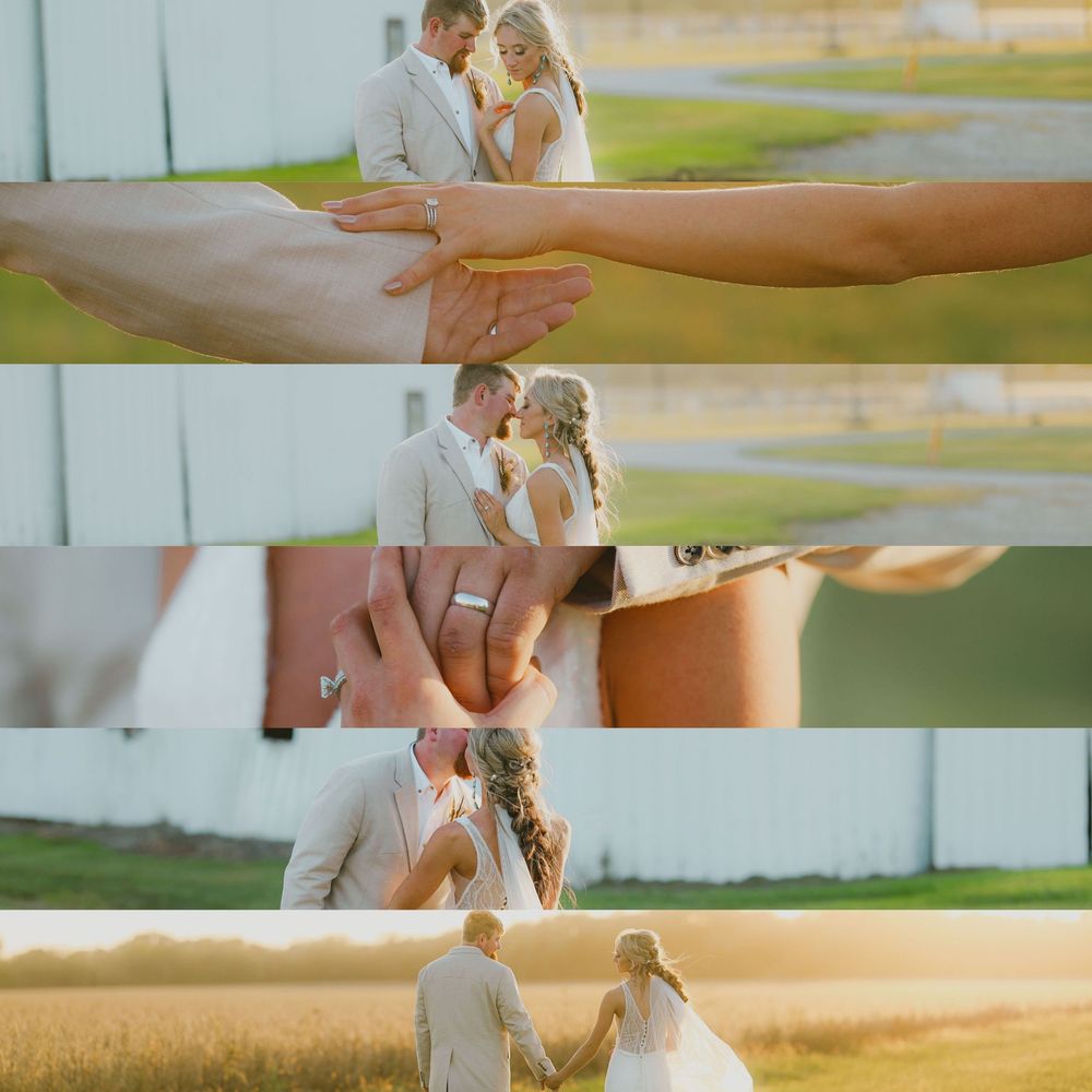 Romantic couple shares tender moments in a wheat field at sunset while exchanging rings during their wedding ceremony.