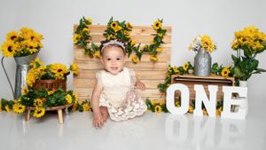 Sunflower themed first birthday photo setup with wooden backdrop and rustic decorations.
