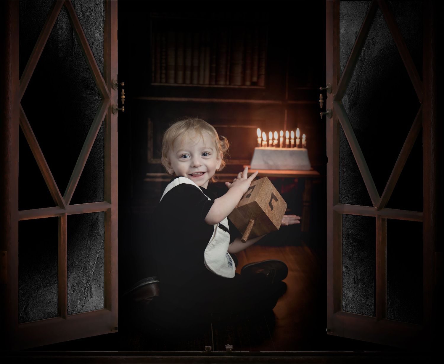 A candlelit scene through window panes with bookshelves in the background.