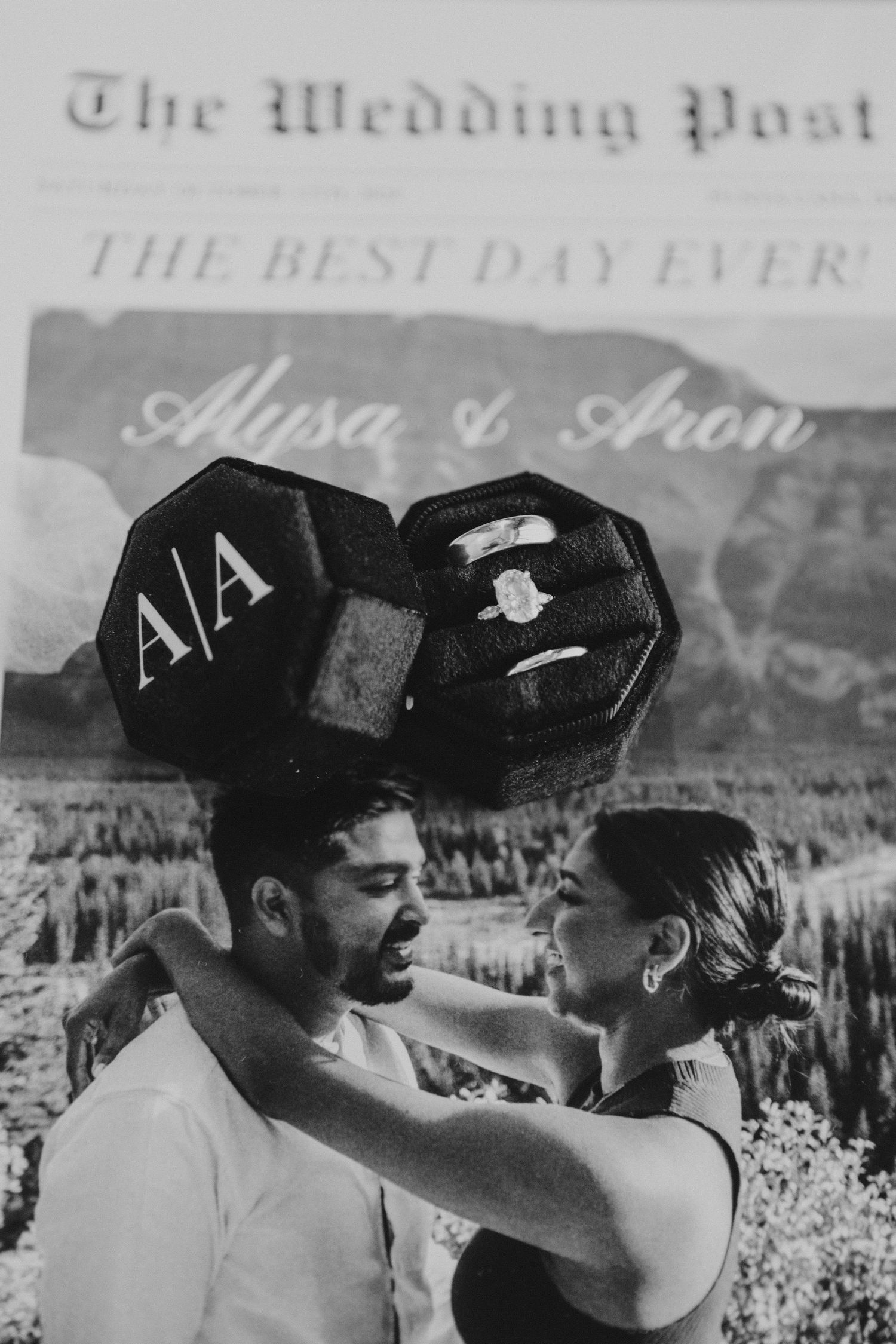 Black and white newspaper-style wedding announcement layout with vintage typography.