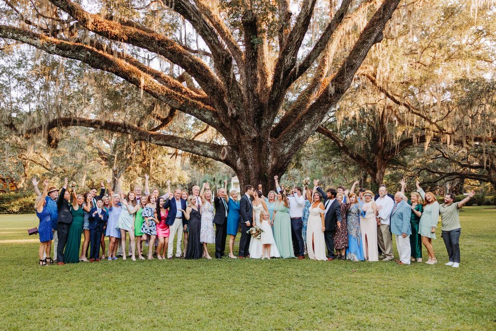 Large group poses for wedding photo beneath majestic oak tree with Spanish moss on grassy lawn.