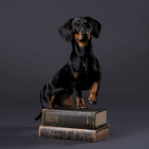 Two dachshund dogs rest on vintage books against a dark studio background.