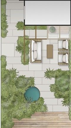 Architectural landscape plan sketch showing a backyard patio design with potted plants and furniture layout.