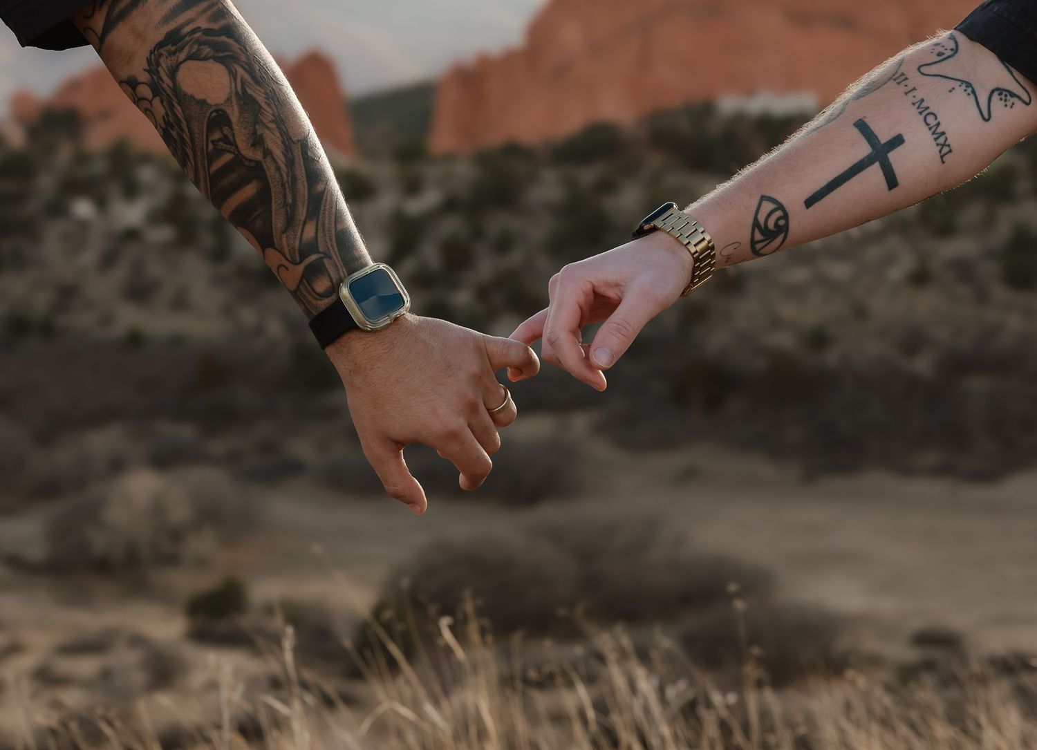 Two tattooed hands holding pinky fingers in a desert landscape with red rocks and dry brush in the background.