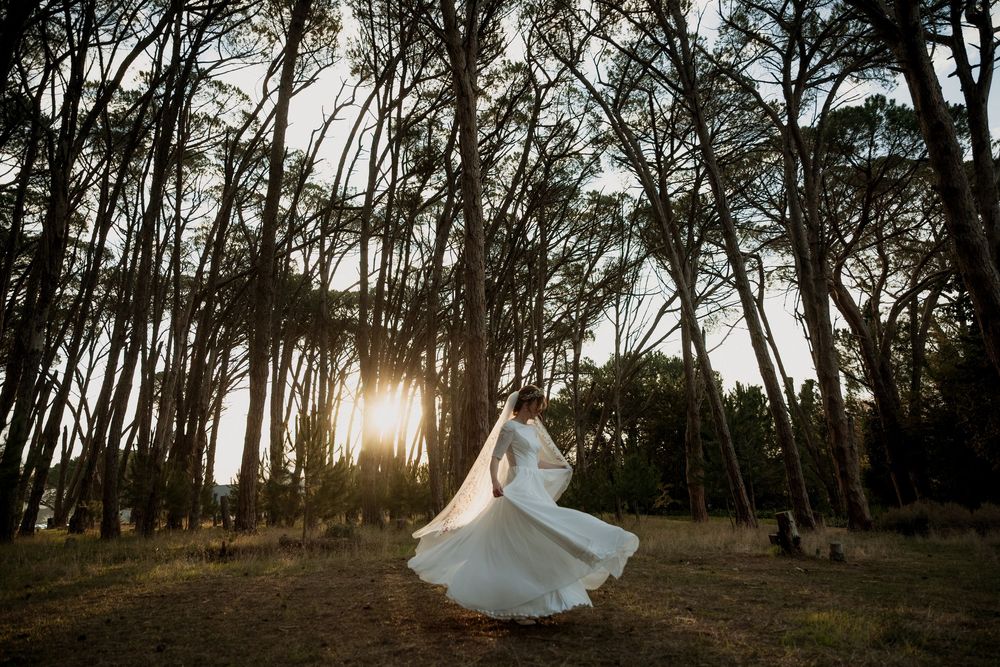 A person in a white wedding dress gracefully spins among trees in a forest as sunlight peeks through the branches.