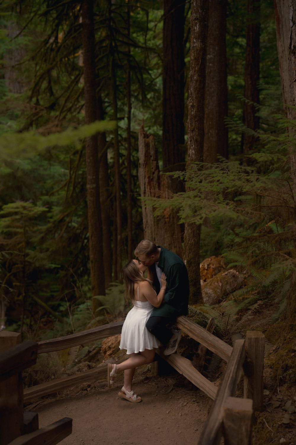 A romantic moment captured on a wooden bridge surrounded by tall evergreen trees in a misty forest setting.