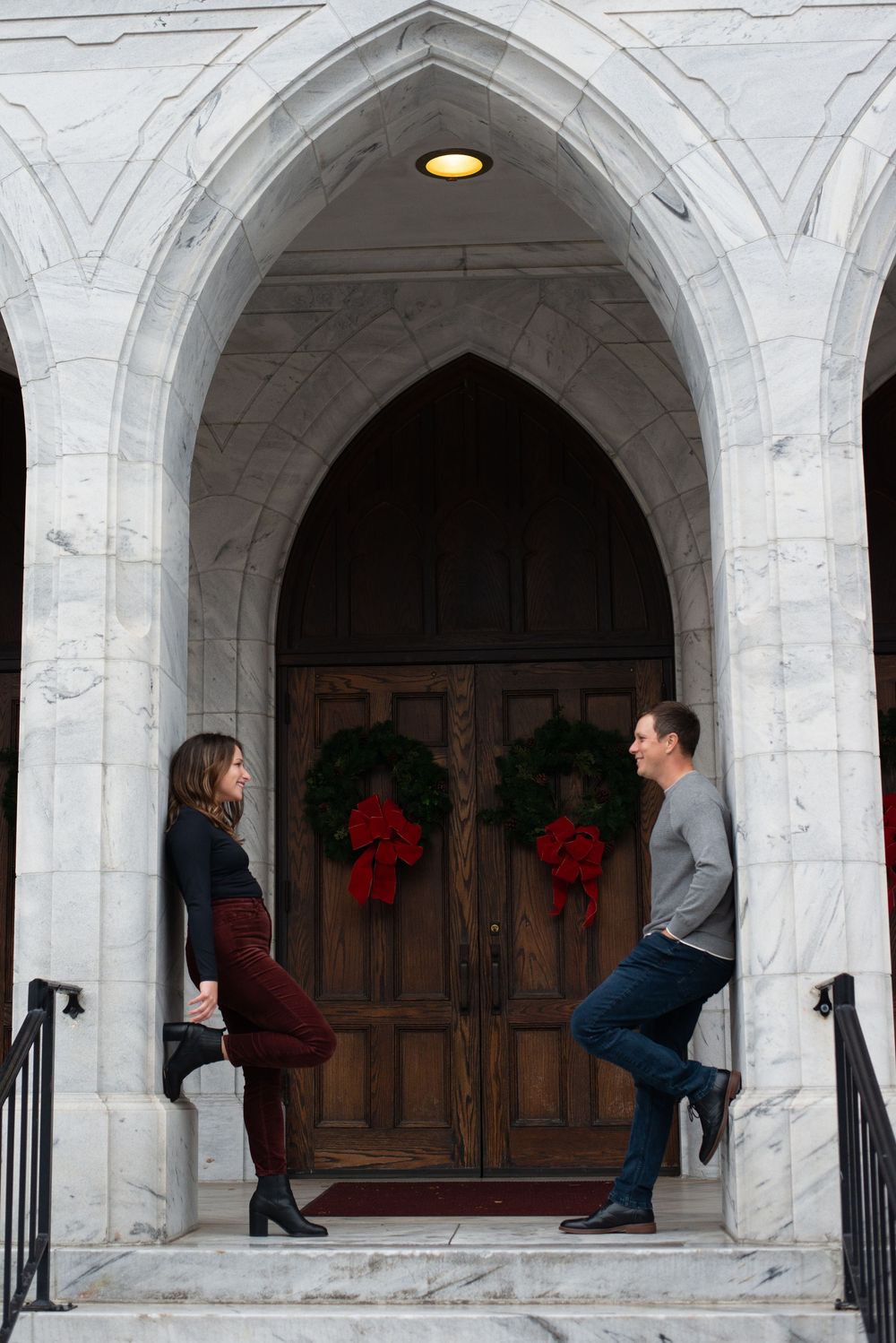 Six sequential photos show a funny staged scene of people pretending to climb across a building's arched entryway.