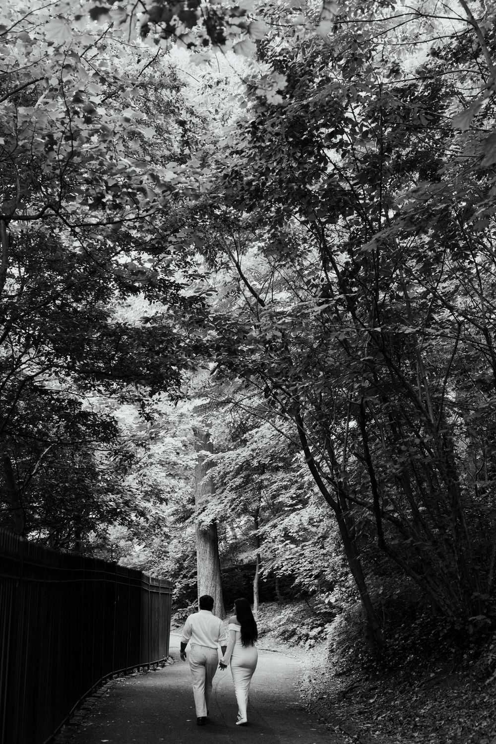 A black and white series of park scenes shows two figures walking along a tree-lined path through a peaceful wooded area.