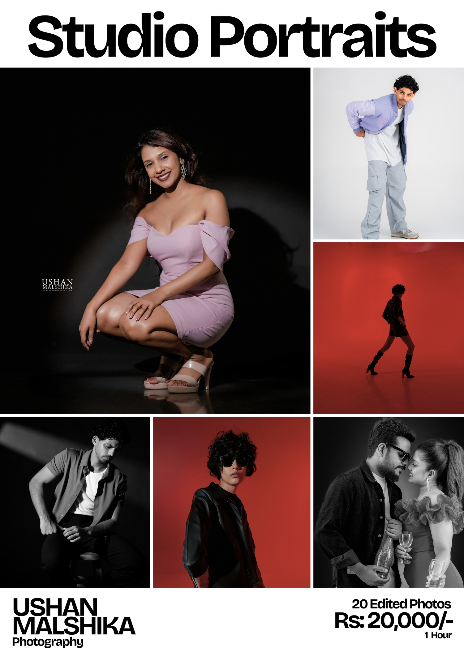 Studio portrait photography price list advertisement with sample images on dark background.