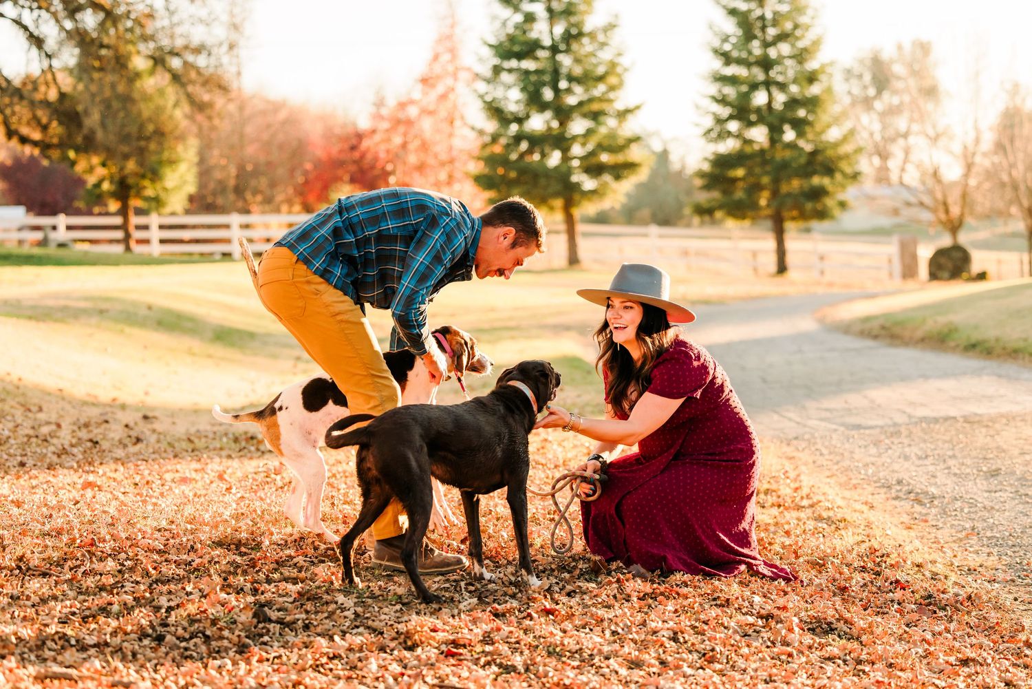 Two people in casual clothing play with a black dog on a path covered in autumn leaves during golden hour.