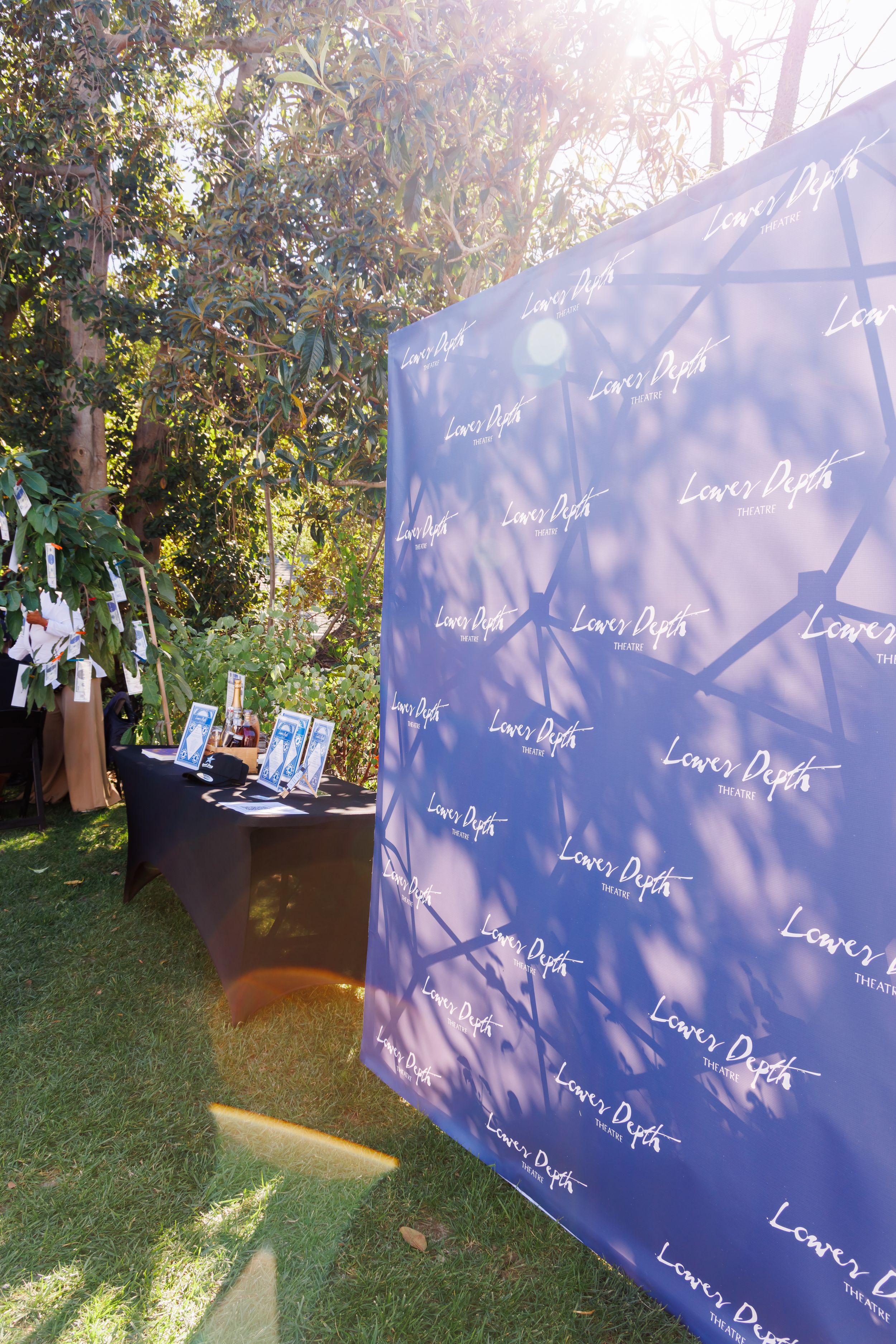 Outdoor event setup with a branded Lower Depth step-and-repeat backdrop and registration table in a garden.