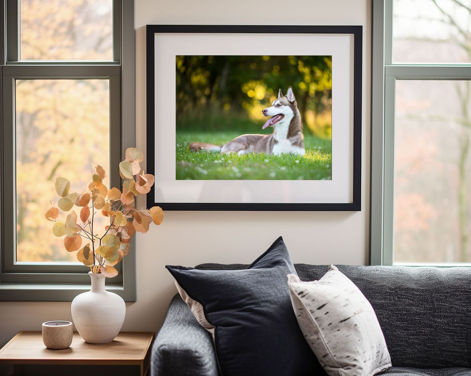 A framed dog photograph hangs above a gray sofa, with decorative dried flowers in a white vase by the window.