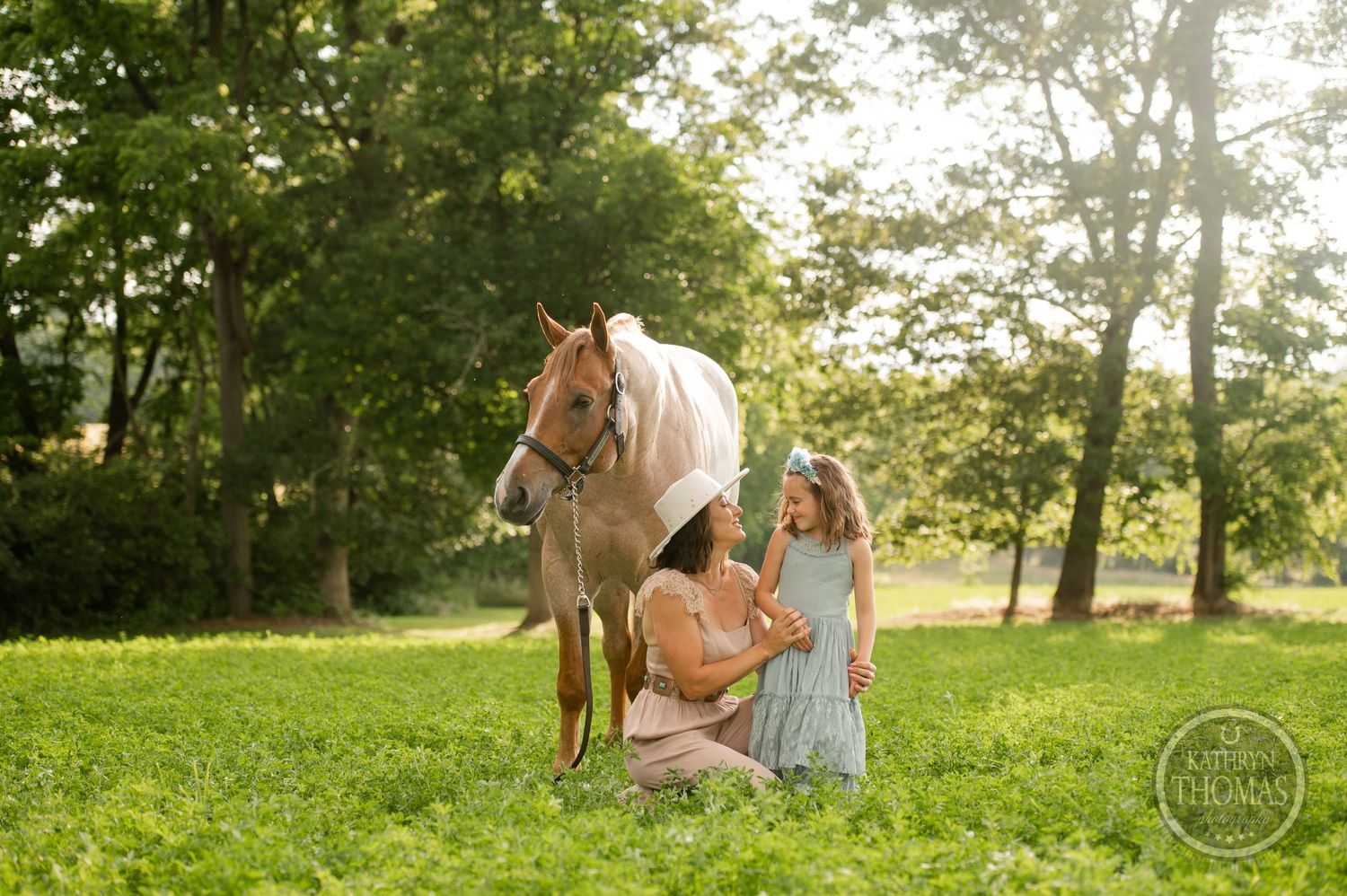 Palomino horse standing in green field during golden hour with summer trees in background.