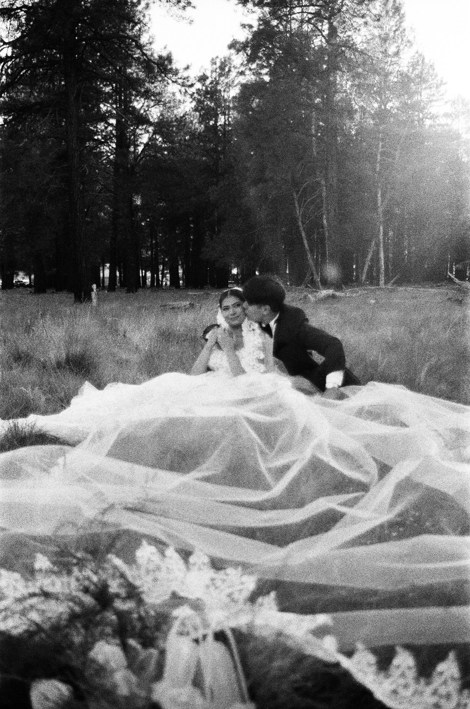 Ethereal black and white photo of flowing wedding dress fabric spread across outdoor landscape.