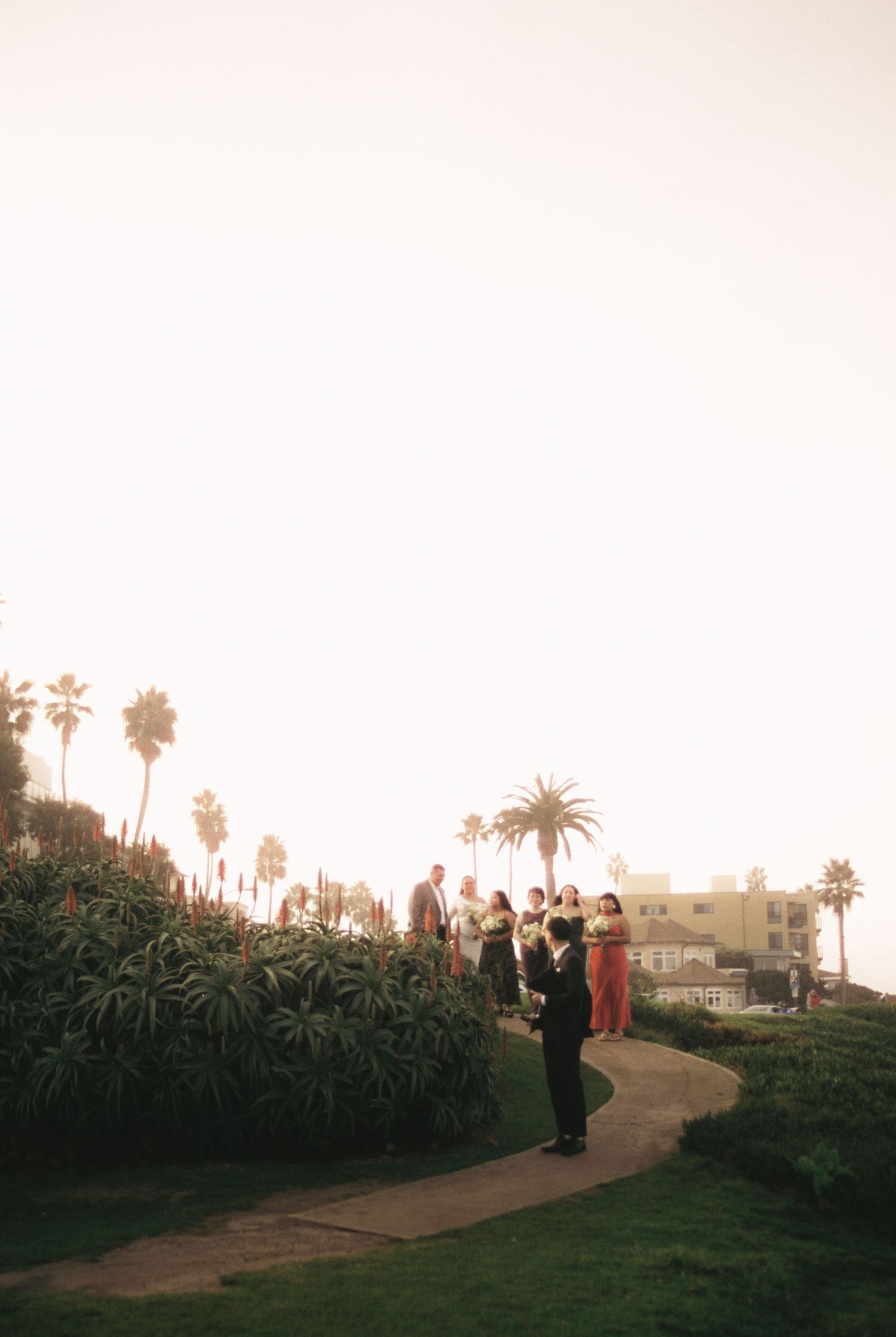 A person walks along a winding dirt path through palm trees at sunset creating a silhouetted figure against the warm sky.