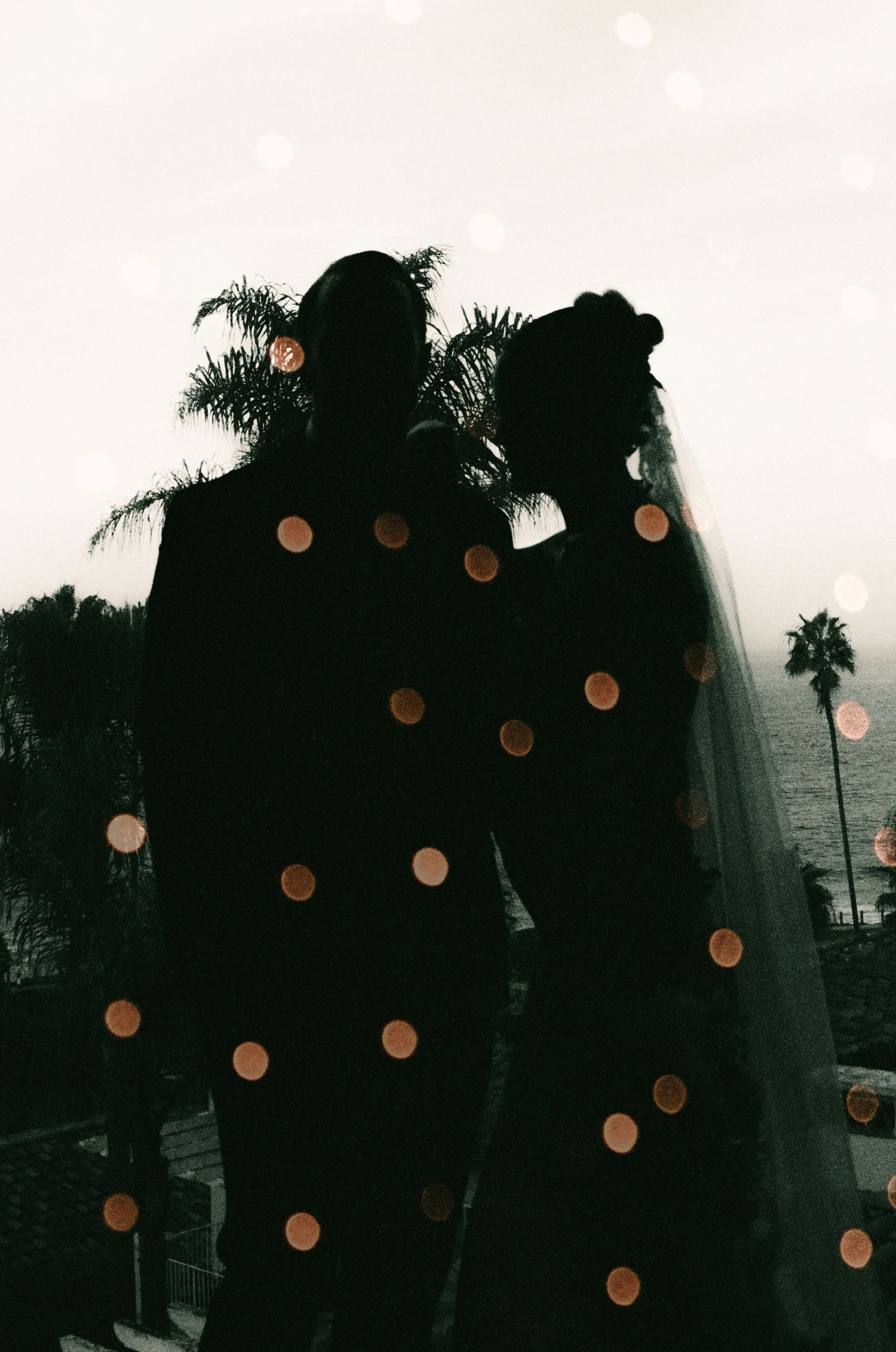 A black and white collage of palm trees and silhouettes with overlaid orange circular dots creating an abstract pattern.