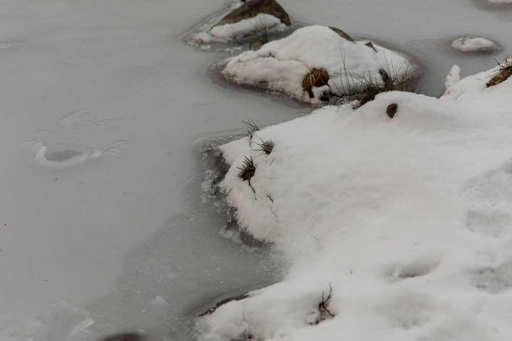 Snow-covered frozen lake shore with rocks peeking through white landscape.